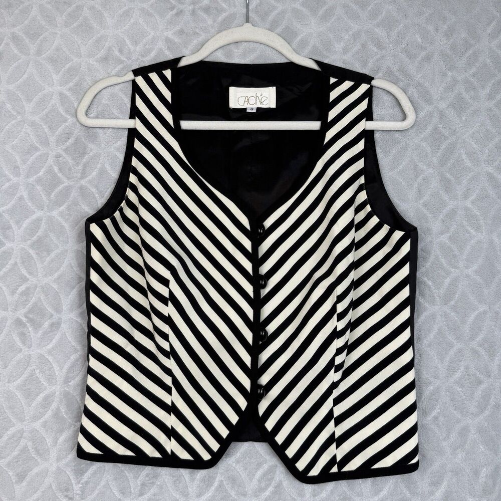 Vtg 90s Cache 100% Silk Waistcoat Vest Womens 8 Black Striped Party Going Out